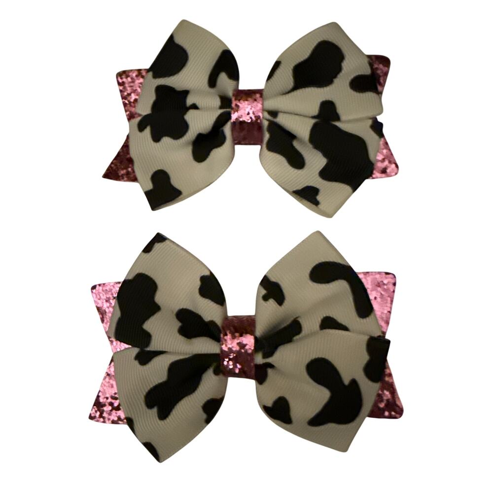 Set Of 2 Cow Themed Girl Clip Bows
